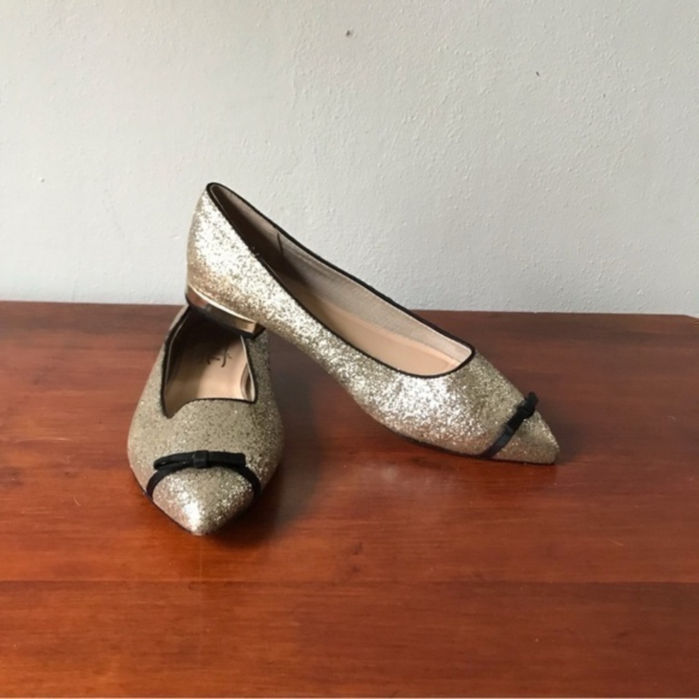Nanette Lepore Gold Glitter Dina Flat Bow Toe Bowtie Shoes Loafers